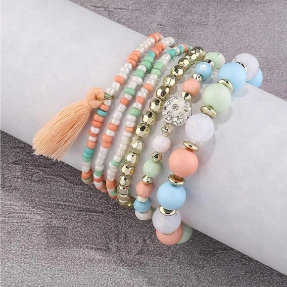 6pc Pastel Beaded Tassel Bracelets - Picture 3 of 4